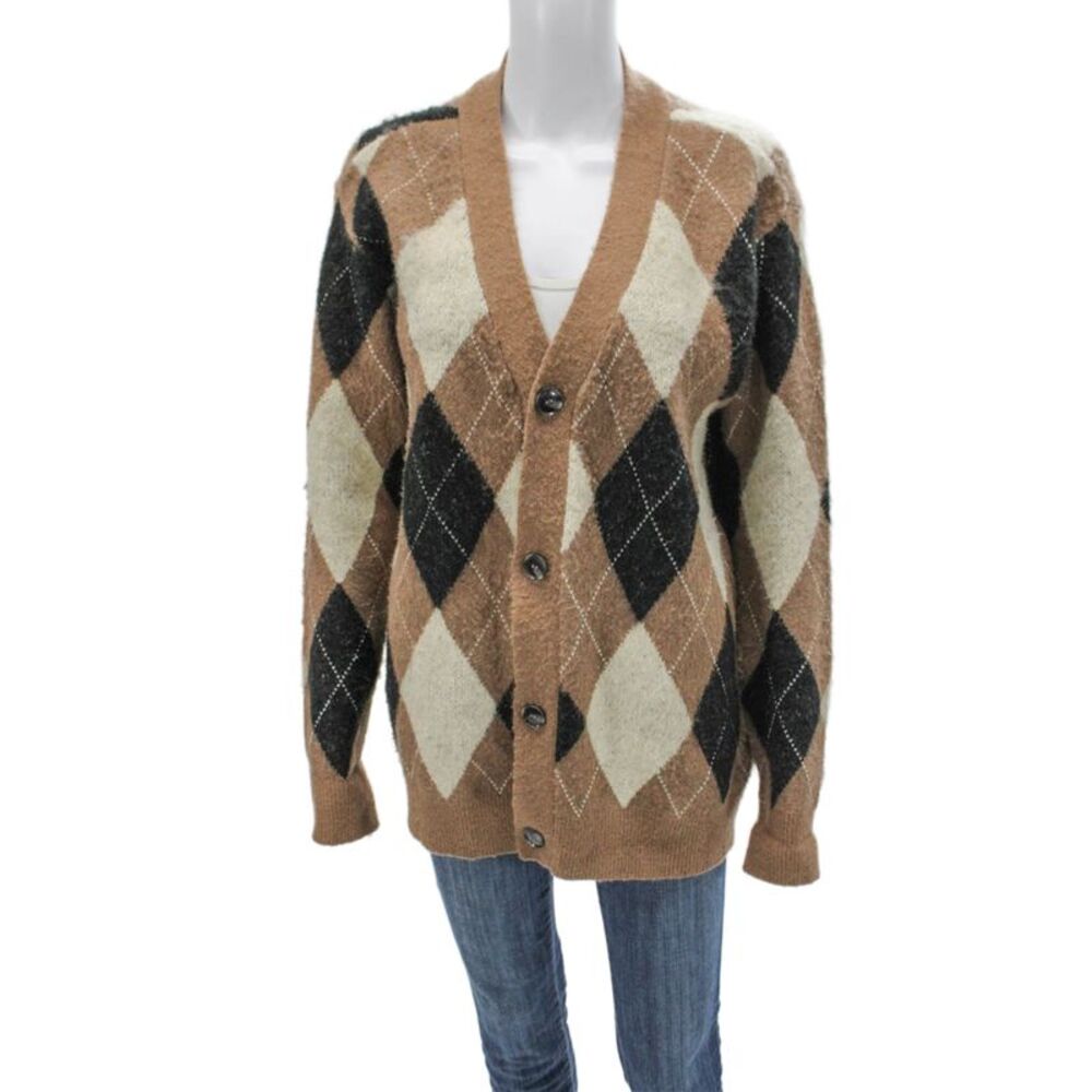 WAO Womens Cardigan Sweater V-Neck Argyle Brown Acrylic Long Sleeve Size S